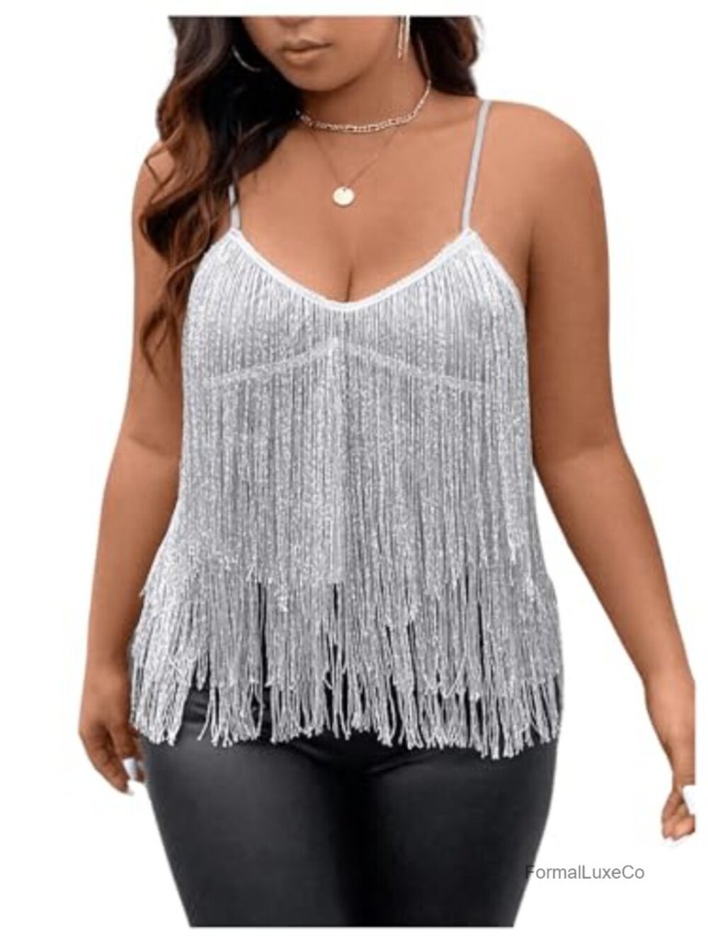 Plus Size Sequin Fringe Asymmetrical Backless Tank Top Party Club